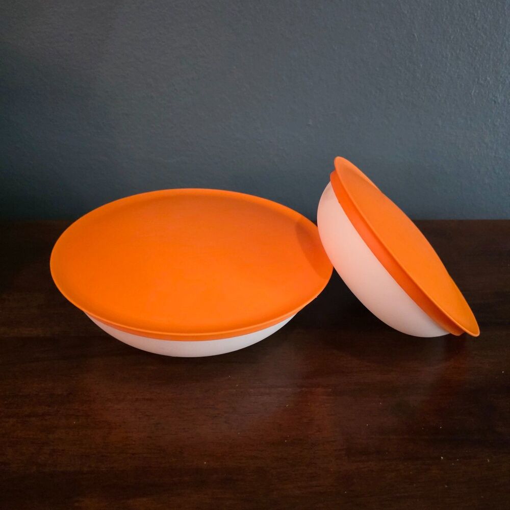 2 Tupperware Allegra Radiance Orange White Lidded Storage Bowl #6292A  #6215A